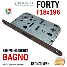 Load image into Gallery viewer, Serratura porta interna bagno wc toilet Bonaiti N67 Forty B-Forty magnetica frontale 196x18mm entrata 50mm 5cm interasse 95mm i 9,5cm scrocco centrale in plastica a filo reversibile doppio quadrotto 8x8 e 6x6mm in basso 48N67050+3 Bronzo verniciato Bronzata scura scrocco nero