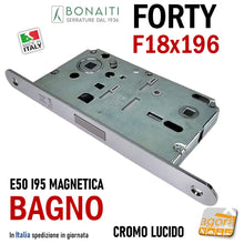 Load image into Gallery viewer, Serratura porta interna bagno wc toilet Bonaiti N67 Forty B-Forty magnetica frontale 196x18mm entrata 50mm 5cm interasse 95mm i 9,5cm scrocco centrale in plastica a filo reversibile doppio quadrotto 8x8 e 6x6mm in basso 48N67050CE Cromo lucido cromata lucida cromato