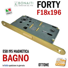 Load image into Gallery viewer, Serratura porta interna bagno wc toilet Bonaiti N67 Forty B-Forty magnetica frontale 196x18mm entrata 50mm 5cm interasse 95mm i 9,5cm scrocco centrale in plastica a filo reversibile doppio quadrotto 8x8 e 6x6mm in basso 48N67050(E Ottone Ottonata Gialla