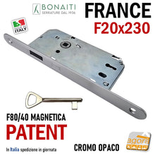 Carica l'immagine nel visualizzatore di Gallery, SERRATURA PER PORTA BONAITI PATENT F20X230 Modello FRANCE E40 CROMO OPACO (ARGENTO) Entrata 40mm Interasse 70mm Quadro maniglia 7x7mm