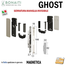 Load image into Gallery viewer, serratura per porta maniglia invisibile complanare bonaiti ghost 310-gf42 frontale 18x196mm 4031000097 passage magnetica completa di riscontro