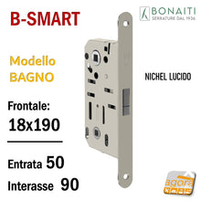 Load image into Gallery viewer, SERRATURA PORTA MAGNETICA B- SMART BONAITI D61 BAGNO FRONTALE 18X190MM E50 I90 NICHEL LUCIDO F 190x18 wc toilet entrata 5cm interasse 9cm quadro in basso 6x6mm NICHELATA LUCIDA