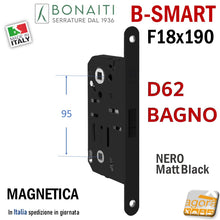 Carica l'immagine nel visualizzatore di Gallery, Serratura porta magnetica Bonaiti B Smart frontale 18x190mm entrata 50mm interasse 95 mm quadro 8 6 mm wc bagno toilet NERA NERO OPACO 48D620500KE