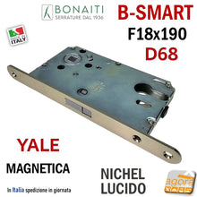 Load image into Gallery viewer, SERRATURA PORTA BONAITI MAGNETICA B-SMART D68 YALE FRONTALE 18X190MM 19CM ENTRATA 50 MM INTERASSE 85MM PER CILINDRO YALE SCROCCO CENTRALE DOPPIO 48D68050)E NICHELATA LUCIDA