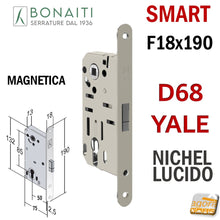 Load image into Gallery viewer, SERRATURA PORTA BONAITI MAGNETICA B-SMART D68 YALE F 18 X 190 MM 19CM ENTRATA 5 CM INTERASSE 85MM PER CILINDRO YALE SCROCCO CENTRALE DOPPIO 48D68050)E NICHEL LUCIDO DOOR LOCK
