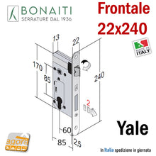 Load image into Gallery viewer, serratura porta Bonaiti Okay PATENT GRANDE CILINDRO YALE Frontale 22x240 cm24 INTERASSE 85 ENTRATA 60 mm corpo 170x85mm QUADRO MANIGLIA mm 8x8 BORDO TONDO 48C2206087