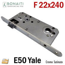 Load image into Gallery viewer, SERRATURA PORTA FRONTALE 22x240mm bordo tondo cilindro YALE BONAITI C22T-50 C22T CROMO SATINATO E50 I85 entrata 5cm interasse 8,5cm satinata meccanica con catenaccio