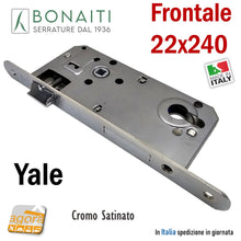 Load image into Gallery viewer, serratura porta Bonaiti Okay PATENT GRANDE CILINDRO YALE Frontale 22x240 cm24 INTERASSE 85 ENTRATA 60 mm corpo 170x85mm QUADRO MANIGLIA mm 8x8 BORDO TONDO 48C2206087 cromata satinata