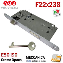 Carica l'immagine nel visualizzatore di Gallery, Serratura porta interna AGB frontale BT bordo tondo 238x22 mm entrata 5cm E 50 mm Interasse 9 cm I 90 mm meccanica Patent Grande chiave normale 22x238 Cromo Opaco Cromata Argento Argentata Grigia Satinata Satinato