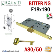Carica l'immagine nel visualizzatore di Gallery, SERRATURA PORTA PATENT FRONTALE 190x18mm BONAITI B-BITTER T50 A80 ottone Entrata 50mm INTERASSE 90mm A80/50 Bitter NG New Generation 48A801501E meccanica scrocco centrale in nylon Ottonata Lucida