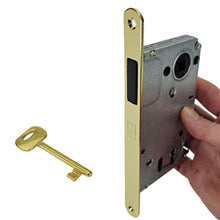 Carica l'immagine nel visualizzatore di Gallery, SERRATURA PORTA MAGNETICA B-TWIN BONAITI 350 CHIAVE PATENT FRONTALE 18X196MM E50 I90 OTTONE OTTONATA LUCIDA CON CHIAVE