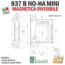 Carica l'immagine nel visualizzatore di Gallery, Serrature per porte invisibili magnetica bonaiti Mini 22x190mm cromo satinata b no-ha 937SERRATURA PORTA MAGNETICA B NO-HA MINI BONAITI 937 INVISIBILE PRIVACY Q6 FRONTALE 22X190MM E28 OTTONE LUCIDO +GACCIA 48937050G6