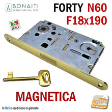 Carica l'immagine nel visualizzatore di Gallery, SERRATURA PORTA INTERNA MAGNETICA B-FORTY BONAITI N60 FRONTALE 18X190MM E50 I90 OTTONE LUCIDO OTTONATA 48N651501E ENTRATA 5 CM SCROCCO CENTRALE IN NYLON CHIAVE PATENT