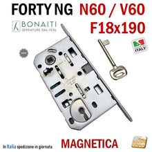 Carica l'immagine nel visualizzatore di Gallery, Serratura porta interna magnetica Bonaiti B - Forty New generation NG V60 compatibile N60 frontale 190x18mm F18x190 cromo opaco entrata 50mm interasse 90mm E5cm I9cm chiave patent Cromo opaco 48V601509E 48N601509E