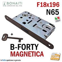 Carica l'immagine nel visualizzatore di Gallery, SERRATURA PATENT X PORTA MAGNETICA B-FORTY BONAITI N65 FRONTALE 18X196MM E50 I90 BRONZO 48N65150+E bronzata originale entrata 5cm interasse 9cm scrocco nero con chiave porte interne ricambio in pronta consegna
