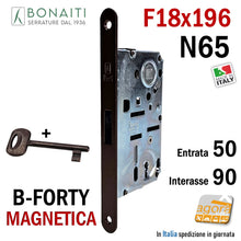 Carica l'immagine nel visualizzatore di Gallery, SERRATURA PATENT X PORTA MAGNETICA B-FORTY BONAITI N65 FRONTALE 18X196MM E50 I90 BRONZO 48N65150+E bronzata originale entrata 5cm interasse 9cm scrocco nero con chiave nuova