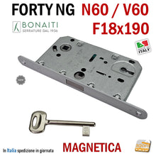 Carica l'immagine nel visualizzatore di Gallery, Serratura porta interna magnetica Bonaiti B - Forty New generation NG V60 compatibile N60 frontale 190x18mm F18x190 cromo opaco entrata 50mm interasse 90mm E5cm I9cm chiave patent Cromo opaco 48V601509E 48N601509E