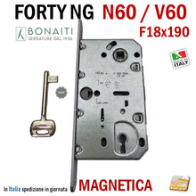 Carica l'immagine nel visualizzatore di Gallery, Serratura porta interna magnetica Bonaiti B - Forty New generation NG V60 compatibile N60 frontale 190x18mm F18x190 cromo opaco entrata 50mm interasse 90mm E5cm I9cm chiave patent Cromo opaco 48V601509E 48N601509E pronta consegna