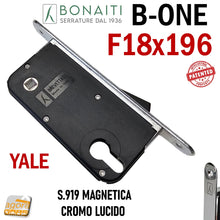 Carica l'immagine nel visualizzatore di Gallery, SERRATURA PER PORTA BONAITI YALE F18X196 Modello B - ONE S 919 CROMO LUCIDO Entrata 50mm INTERASSE 85 YALE per cilindro frontale 196mm 48919050CE corpo in plastica