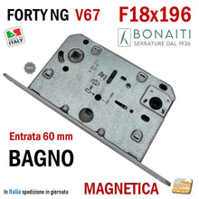 Carica l'immagine nel visualizzatore di Gallery, door lock SERRATURA PER PORTA BONAITI B-FORTY NG WC BAGNO F18X196 Modello V67 CROMO OPACO ARGENTO satinato E60 INT.96 entrata 60mm 6cm interasse 96 mm 9,6cm 9,5cm New Generation 48V670609E frontale 196x18 mm 19,6cm doppio quadro 8x8 6x6mm