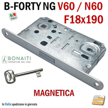 Carica l'immagine nel visualizzatore di Gallery, Serratura porta interna magnetica Bonaiti B - Forty New generation NG V60 compatibile N60 frontale 190x18mm F18x190 cromo opaco entrata 50mm interasse 90mm E5cm I9cm chiave patent Cromo opaco 48V601509E 48N601509E