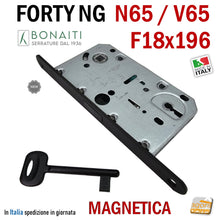 Carica l'immagine nel visualizzatore di Gallery, serratura magnetica per porte reversibili bonaiti b-forty N65 frontale 18x196mm FORTY NG V65 NERA Matt BLack magnetica reversibile f 196 x 18 48V65150KE