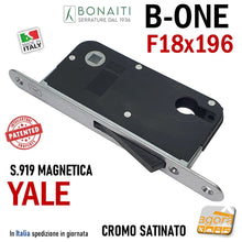 Carica l'immagine nel visualizzatore di Gallery, SERRATURA PER PORTA BONAITI YALE F18X196 Modello B - ONE S 919 CROMO SATINATO Entrata 50mm INTERASSE 85 YALE per cilindro frontale 196mm 489190508E