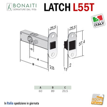 Load image into Gallery viewer, SERRATURA PORTA BONAITI LATCH L55T 12 PRIVACY ANTIPANICO BORDO TONDO FRONTALE 26x57 E60 CROMO SAT FRONTALINO 25.5X57.4 MAGNETICA