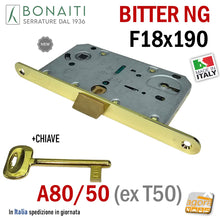 Carica l'immagine nel visualizzatore di Gallery, SERRATURA PORTA PATENT FRONTALE 18x190 BONAITI B-BITTER T50 A80 ottone E50 INT90 A80/50 Bitter NG New Generation 48A801501E meccanica scrocco centrale in nylon Ottonata Lucida