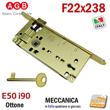 Carica l'immagine nel visualizzatore di Gallery, Serratura porta interna AGB frontale BT bordo tondo 238x22 mm entrata 5cm E 50 mm Interasse 9 cm I 90 mm meccanica Patent Grande chiave normale 22x238 Gialla originale nuova in pronta consegna