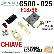 Load image into Gallery viewer, SERRATURA PORTA SCORREVOLE FRONTALE 18x86mm BONAITI 025 G500 CHIAVE SPILLO Entrata 50mm 5cm con uncino GANCIO PORTE SCRIGNO OTTONE