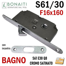 Carica l'immagine nel visualizzatore di Gallery, serratura porta gancio bonaiti S61/30 porte scorrevoli scrigno bagno frontale 160x16mm quadro 8x8 entrata 30mm Cromo satinato argentata cromata