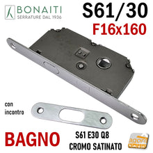 Carica l'immagine nel visualizzatore di Gallery, serratura porta gancio bonaiti S61/30 porte scorrevoli scrigno bagno frontale 160x16mm quadro 8x8 entrata 30mm Cromo satinato cromato 4006103087