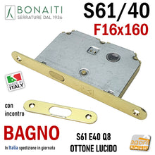 Carica l'immagine nel visualizzatore di Gallery, serratura porta gancio bonaiti S61/40 porte scorrevoli scrigno bagno frontale 160x16mm quadro 8x8 entrata 40mm Ottone Lucido 4006104017 S 61