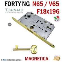Carica l'immagine nel visualizzatore di Gallery, serratura porta magnetica bonaiti b-forty N65 frontale 18x196mm frontale 19,6cm scrocco centrale nylon BONAITI N65 ottone lucido ottonata entrata 5cm 50mm interasse 9cm 90mm con chiave normale FORTY NG V65 48V651501E 48N651501E