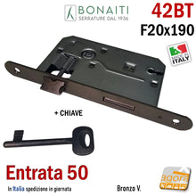 Carica l'immagine nel visualizzatore di Gallery, SERRATURA PORTA FRONTALE 190 x 20 mm TONDO E50 I70 BONAITI 42T BRONZO PATENT PICCOLA CON CHIAVE
