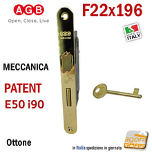 Carica l'immagine nel visualizzatore di Gallery, SERRATURA PORTA PATENT FRONTALE 22x196mm AGB CENTRO E50 INT90 OTTONE LUC F196x22 chiave normale con chiavistello