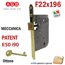 Carica l'immagine nel visualizzatore di Gallery, SERRATURA PORTA PATENT FRONTALE 22x196mm AGB CENTRO E50 INT90 OTTONE LUC F196x22 chiave normale con chiavistello