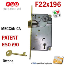 Carica l'immagine nel visualizzatore di Gallery, SERRATURA PORTA PATENT FRONTALE 22x196mm AGB CENTRO E50 INT90 OTTONE LUC F196x22 chiave normale con chiavistello entrata 5cm interasse 9cm