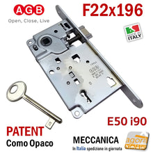 Carica l'immagine nel visualizzatore di Gallery, SERRATURA PORTA PATENT FRONTALE 22x196mm AGB CENTRO E50 INT90 cromo opaco cromato satinato F196x22 chiave normale con chiavistello F22 scrocco e catenaccio entrata 50mm 5cm interasse 90mm 9cm 0 001 9690 50-90 N