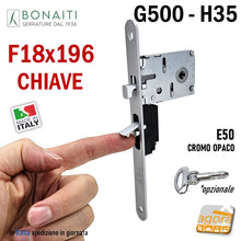 Load image into Gallery viewer, SERRATURA PORTA SCORREVOLE FRONTALE 18x196mm BONAITI H35+TIR CHIAVE A SPILLO PIEGHEVOLE CROMO OPACO E50 0H35C5099 frontale 196mm entrata 5cm originale nuova