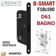 Carica l'immagine nel visualizzatore di Gallery, SERRATURA PORTA MAGNETICA B- SMART BONAITI D61 BAGNO FRONTALE 18X190MM E50 I90 F 190x18 wc toilet entrata 5cm interasse 9cm quadro in basso 6x6mm nera black matt 48D61050KE