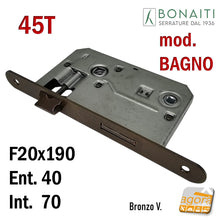 Carica l'immagine nel visualizzatore di Gallery, SERRATURA PORTA FRONTALE 20x190mm TONDO E40 I70 BONAITI 45T BRONZO BAGNO PICCOLA WC DOPPIO QUADRO frontale 19cm x 2cm entrata 4cm e40mm interasse 7cm quadro 8x8 045BT 48045040+E bronzato verniciato scuro marrone