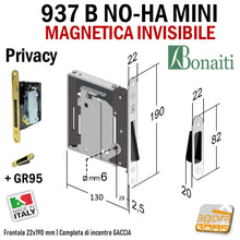 Carica l'immagine nel visualizzatore di Gallery, SERRATURA PORTA MAGNETICA B NO-HA MINI BONAITI 937 INVISIBILE PRIVACY Q6 FRONTALE 22X190MM E28 OTTONE LUCIDO +GACCIA 48937050G6