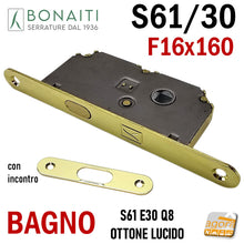 Carica l'immagine nel visualizzatore di Gallery, serratura porta gancio bonaiti S61/30 porte scorrevoli scrigno bagno frontale 160x16mm quadro 8x8 entrata 30mm Ottone Lucido 4006103017