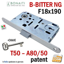Carica l'immagine nel visualizzatore di Gallery, SERRATURA PORTA PATENT FRONTALE F 18x190 mm IDOOR - BONAITI B-BITTER T50 ARGENTO CR OPACO ENTRATA E 50 mm Interasse I 90 mm A80-50 Bitter NG