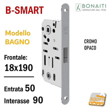 Load image into Gallery viewer, SERRATURA PORTA MAGNETICA B- SMART BONAITI D61 BAGNO FRONTALE 18X190MM E50 I90 CROMO OPACO f 190x18 wc toilet entrata 5cm interasse 9cm quadro in basso 6x6mm argentata