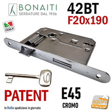 Carica l'immagine nel visualizzatore di Gallery, serratura porta Bonaiti meccanica patent piccola 42BT 042T frontale 190x20 entrata 45mm interasse 70mm quadro 8x8 cromo lucido cromata