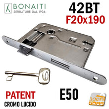 Carica l'immagine nel visualizzatore di Gallery, SERRATURA PORTA FRONTALE 190 x 20 mm TONDO E50 I70 BONAITI 42T CROMATA PATENT PICCOLA CON CHIAVE