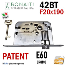 Load image into Gallery viewer, serratura porta interna Bonaiti 042T 42BT patent piccola chiave frontale 20x190mm 19cm entrata 60mm interasse 70mm cromo cromata